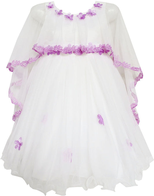 Girls Dress Wedding Flower Girl Lace Tulle Overlay with Shawl Pink Purple