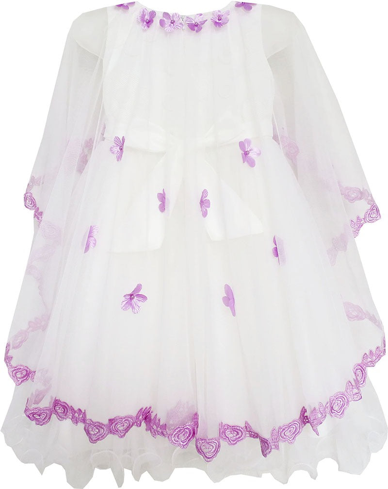 Girls Dress Wedding Flower Girl Lace Tulle Overlay with Shawl Pink Purple