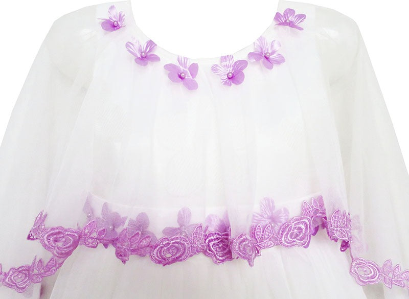 Girls Dress Wedding Flower Girl Lace Tulle Overlay with Shawl Pink Purple