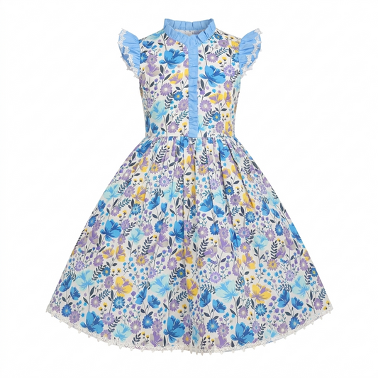 Sunny Fashion Girls Blue Botanical Floral Dress with Ruffle Collar