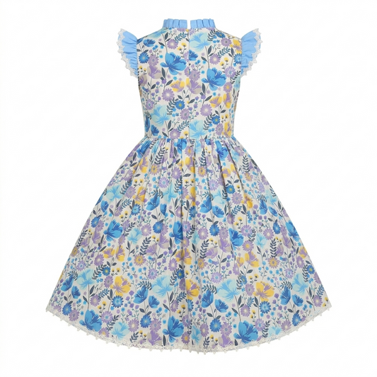 Sunny Fashion Girls Blue Botanical Floral Dress with Ruffle Collar
