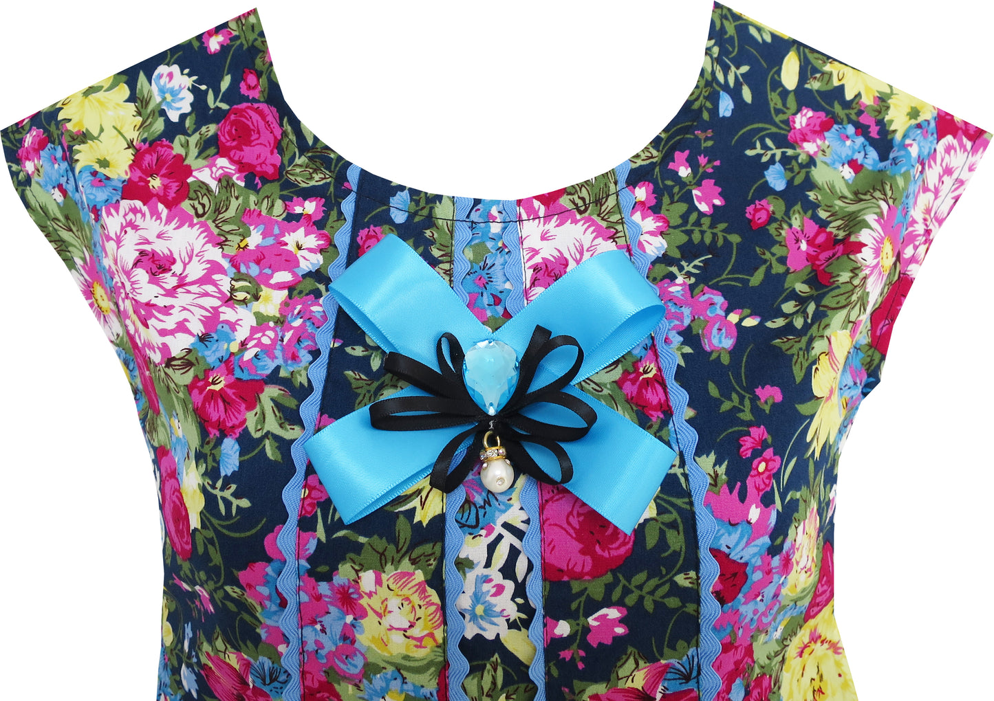 Girls Dress Embroidered Leaves Flower O-Neck Cotton Size 4-14 Years