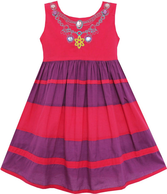 Girls Dress Little Girls Color Block Striped with Beading Red Red