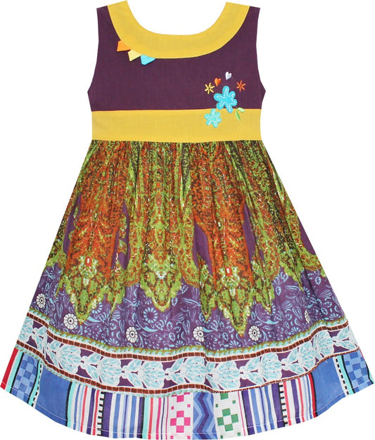 Girls Dress Little Girls Flower Print Embroidery Striped Multi-Color