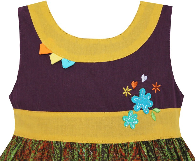 Girls Dress Little Girls Flower Print Embroidery Striped Multi-Color
