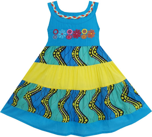 Girls Dress Little Girls Color Blocks Embroidery Flower Blue Blue