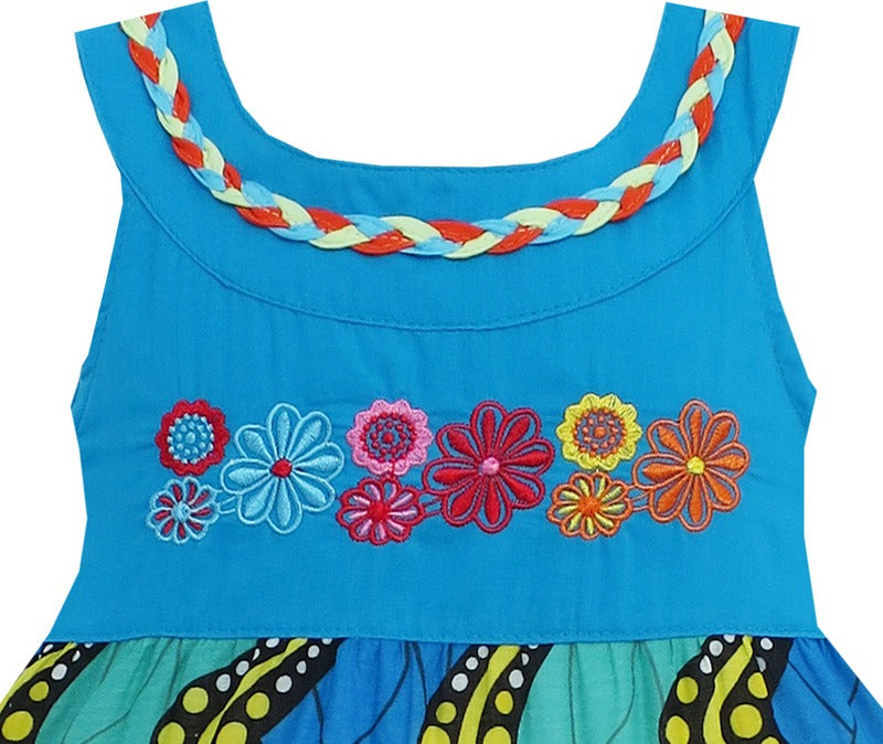 Girls Dress Little Girls Color Blocks Embroidery Flower Blue Blue
