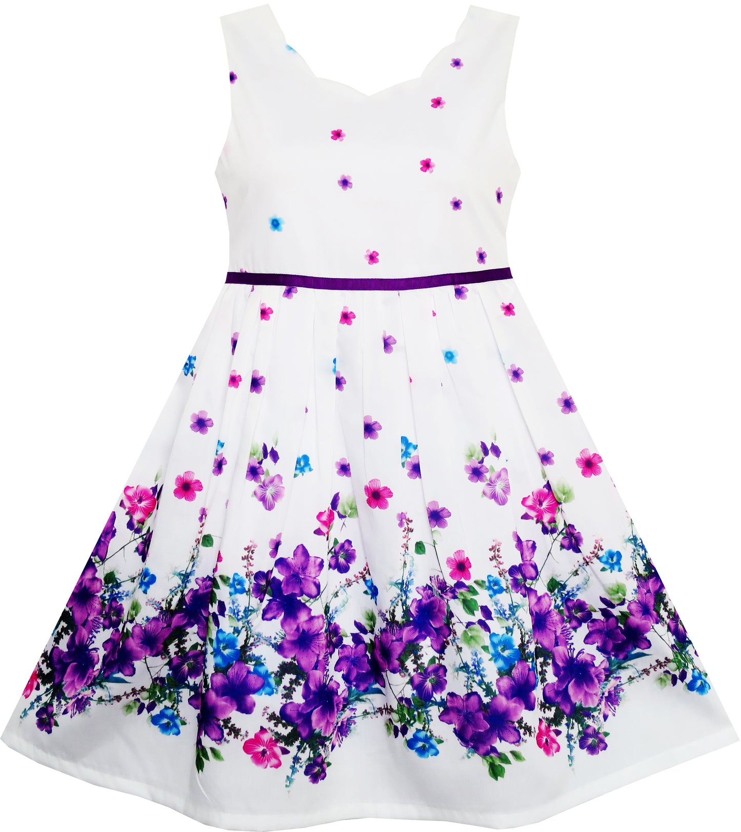 Sunny Fashion Girls White Floral Garden Dress with Pink Waist Detail