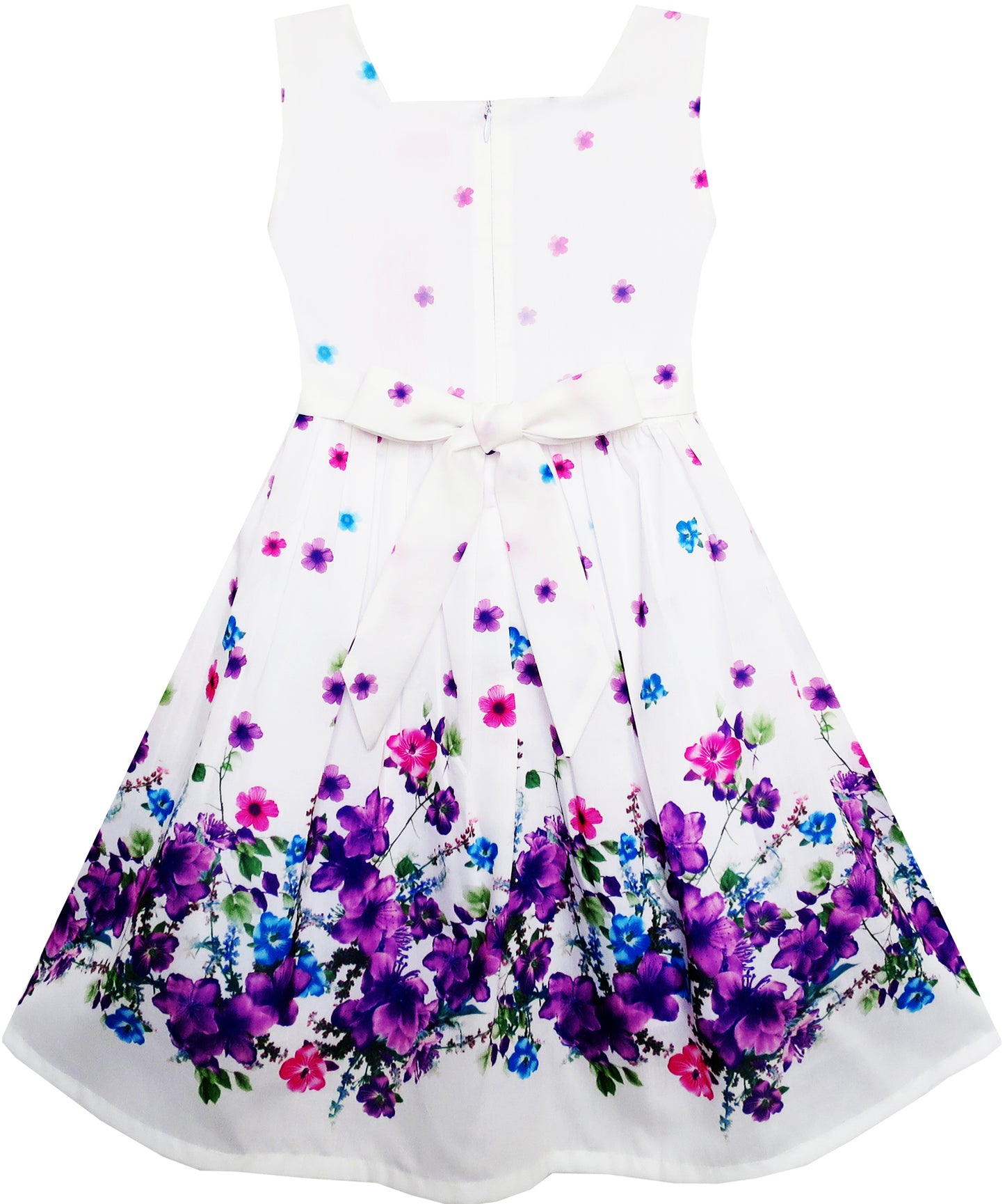 Sunny Fashion Girls White Floral Garden Dress with Pink Waist Detail