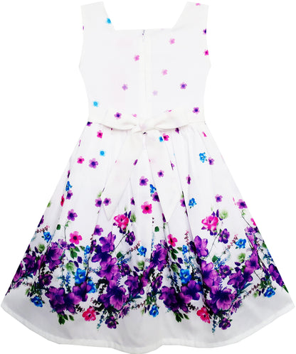 Sunny Fashion Girls White Floral Garden Dress with Pink Waist Detail