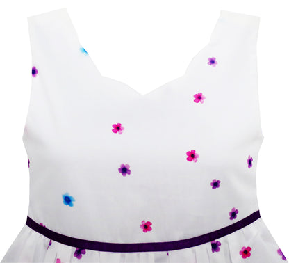Sunny Fashion Girls White Floral Garden Dress with Pink Waist Detail