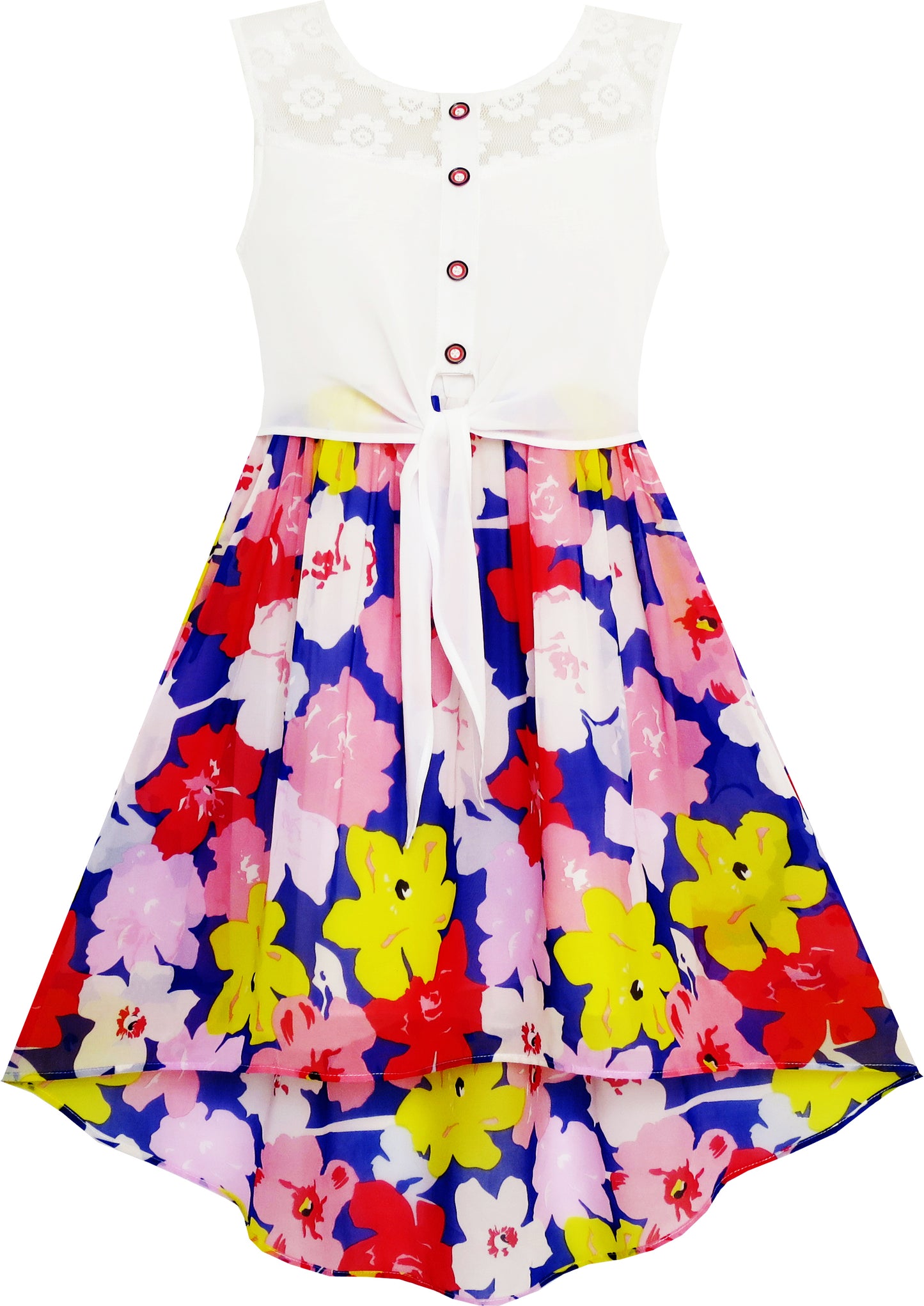 Girls Dress Chiffon Floral High-Low Tie Waist Party Princess Size 7-14 Years
