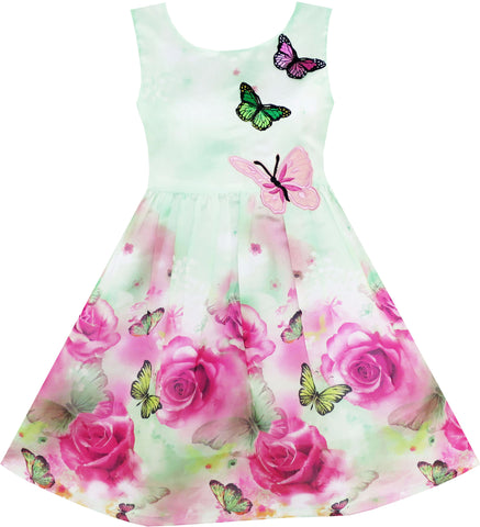 Girls Dress Rose Flower Print Butterfly Embroidery Size 4-12 Years