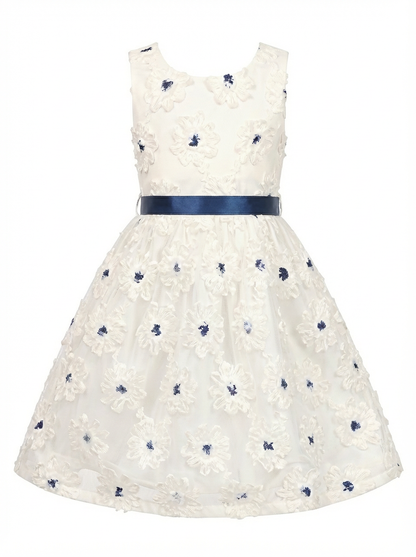 Sunny Fashion Girls White Floral Embroidered Tulle Dress with Navy Belt