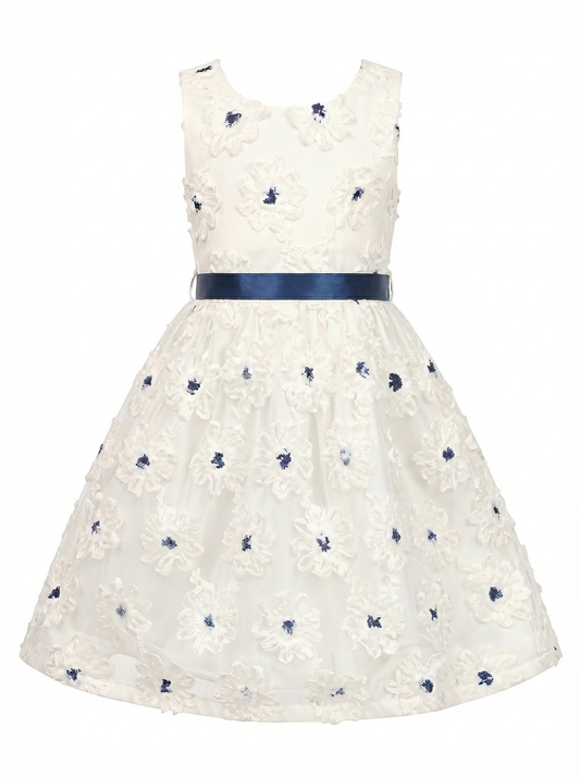 Sunny Fashion Girls White Floral Embroidered Tulle Dress with Navy Belt