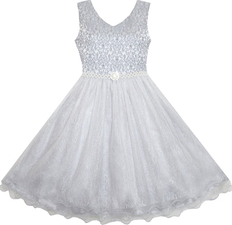Flower Girls Dress Lace Pearl Dimensional Flowers Pageant Wedding Tulle Size 3-14 Years