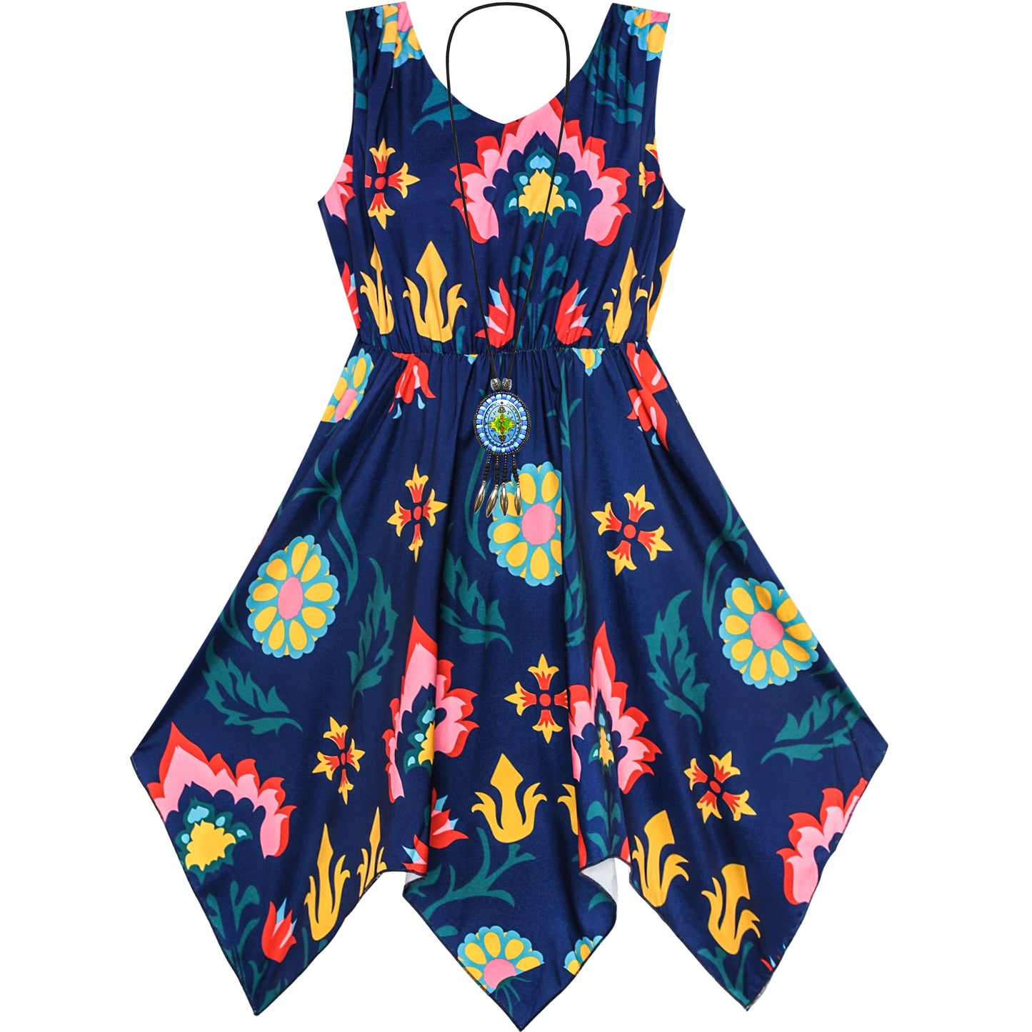 Girls Dress Flower Print Hanky Hem With Necklace Size 6-14 Years