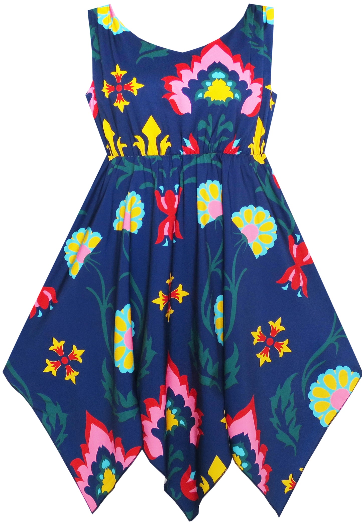 Girls Dress Flower Print Hanky Hem With Necklace Size 6-14 Years
