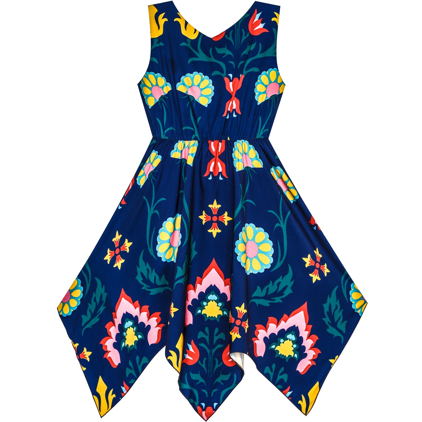 Girls Dress Flower Print Hanky Hem With Necklace Size 6-14 Years