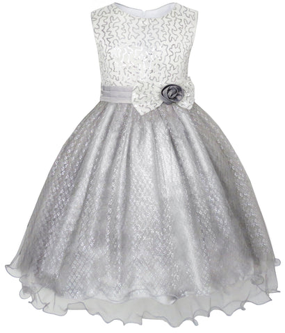 Girls Dress Flower Sparkling Sequins Belted Tulle Party Size 4-14 Years
