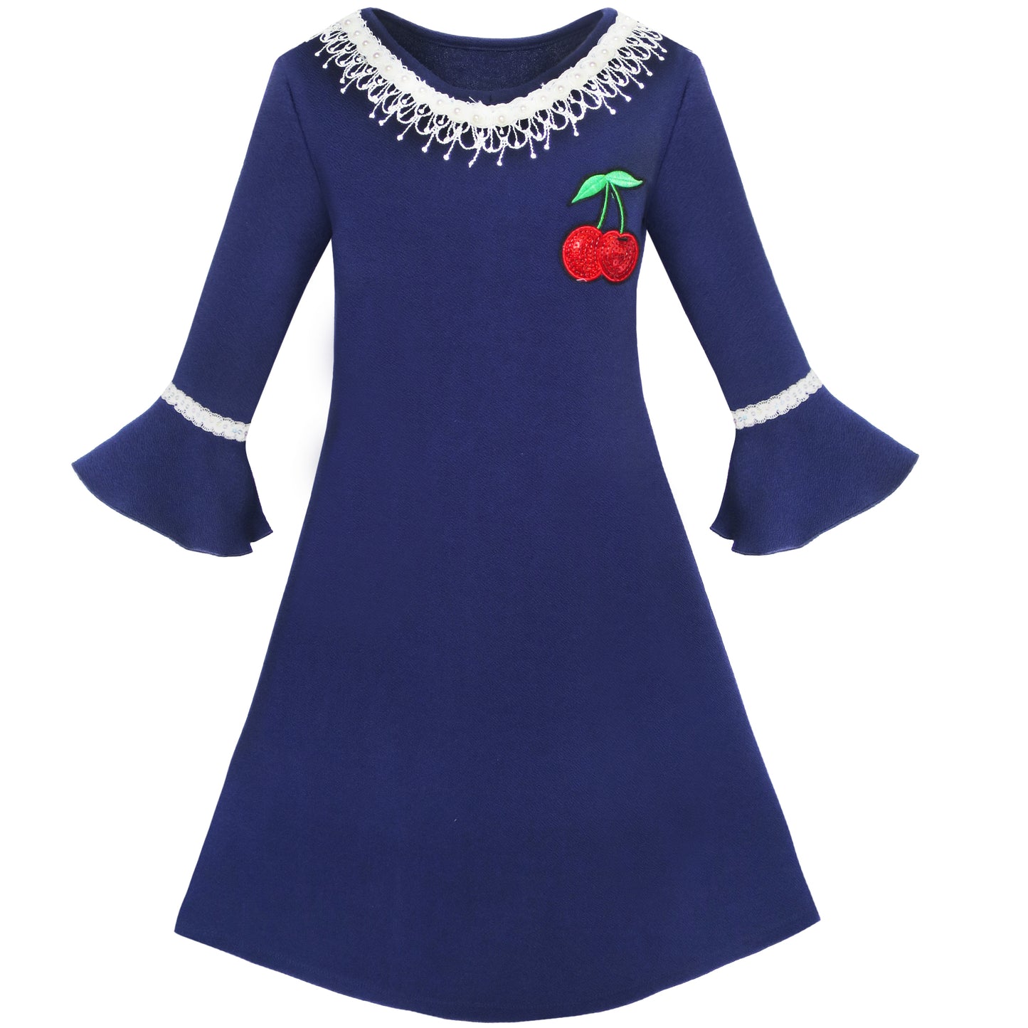 Girls Dress Lotus Leaf Sleeve Cherry Embroidery Everyday Size 3-12 Years