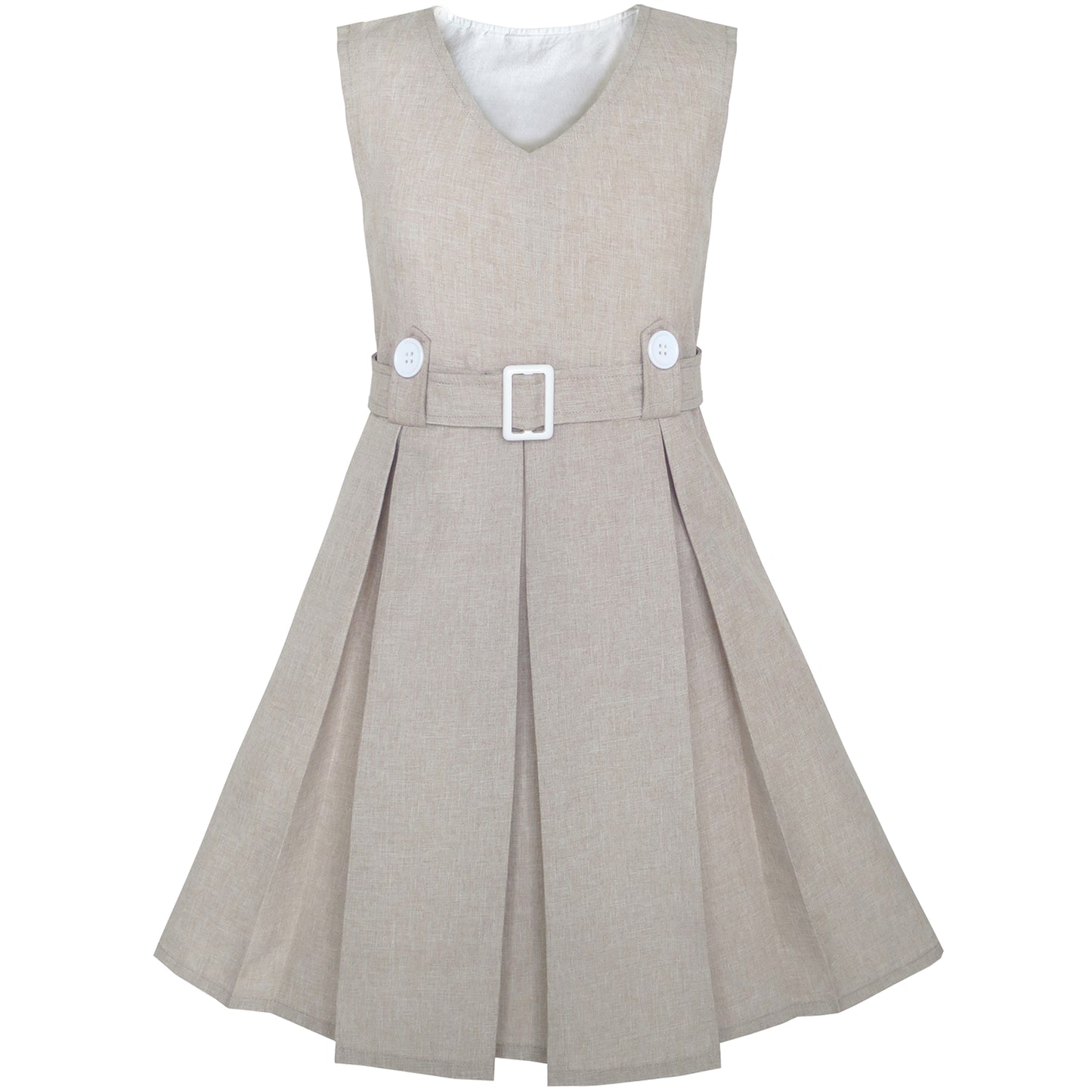 Girls Dress Khaki Button Back School Pleated Hem Size 6-14 Years