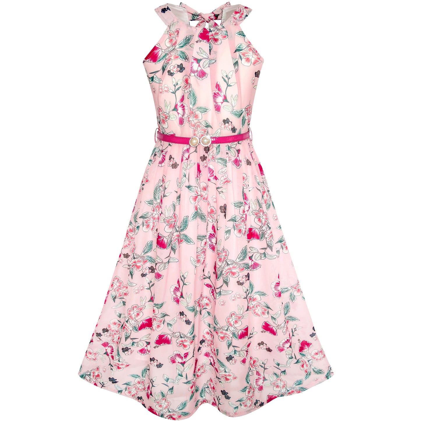 Girls Dress Floral Belt Chiffon Party Maxi Dress Size 6-14 Years
