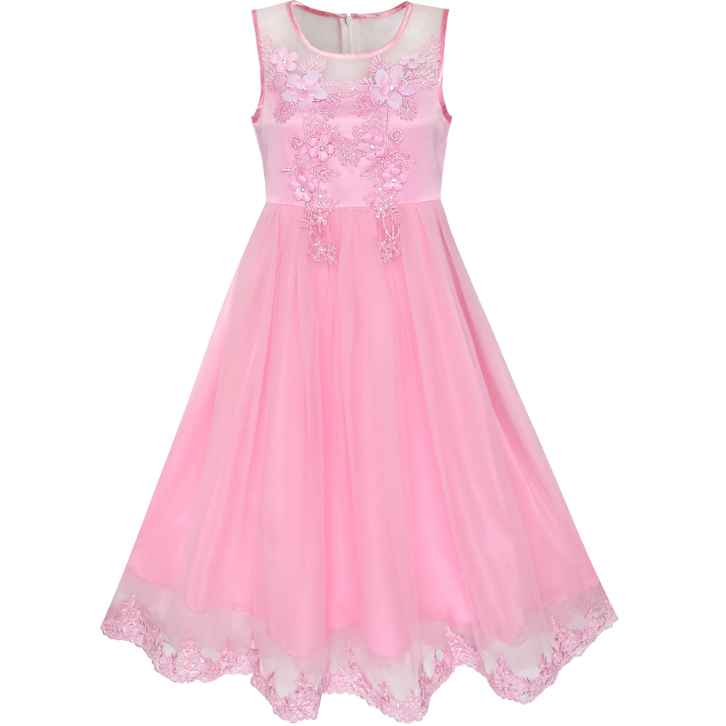 Flower Girls Dress Illusion Yoke Pageant Coffe Wedding Party Size 6-14 Years