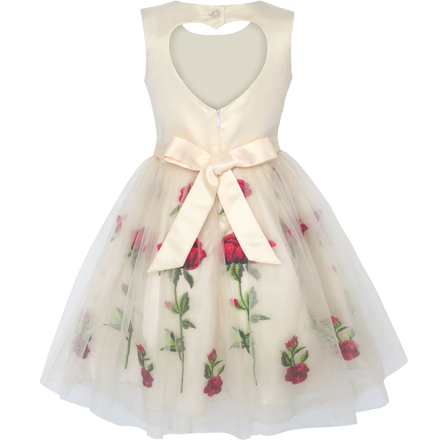 Girls Dress Rose Flower Embroidery Heart Shape Back Wedding Size 6-14 Years