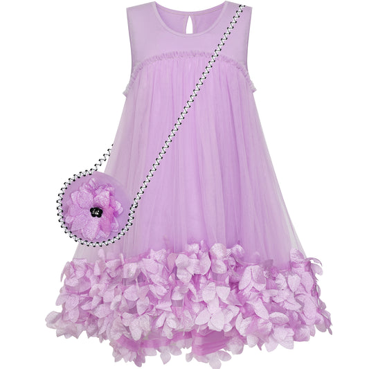 Sunny Fashion Girls Pink 3D Floral Tulle Dress with Crossbody Flower Bag