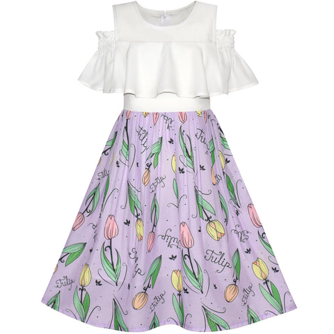 Girls Dress Chiffon Butterfly Ruffle Cold Shoulder Size 4-14 Years