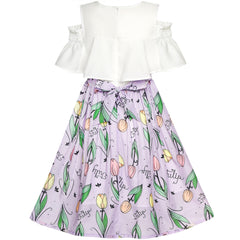 Girls Dress Chiffon Butterfly Ruffle Cold Shoulder Size 4-14 Years