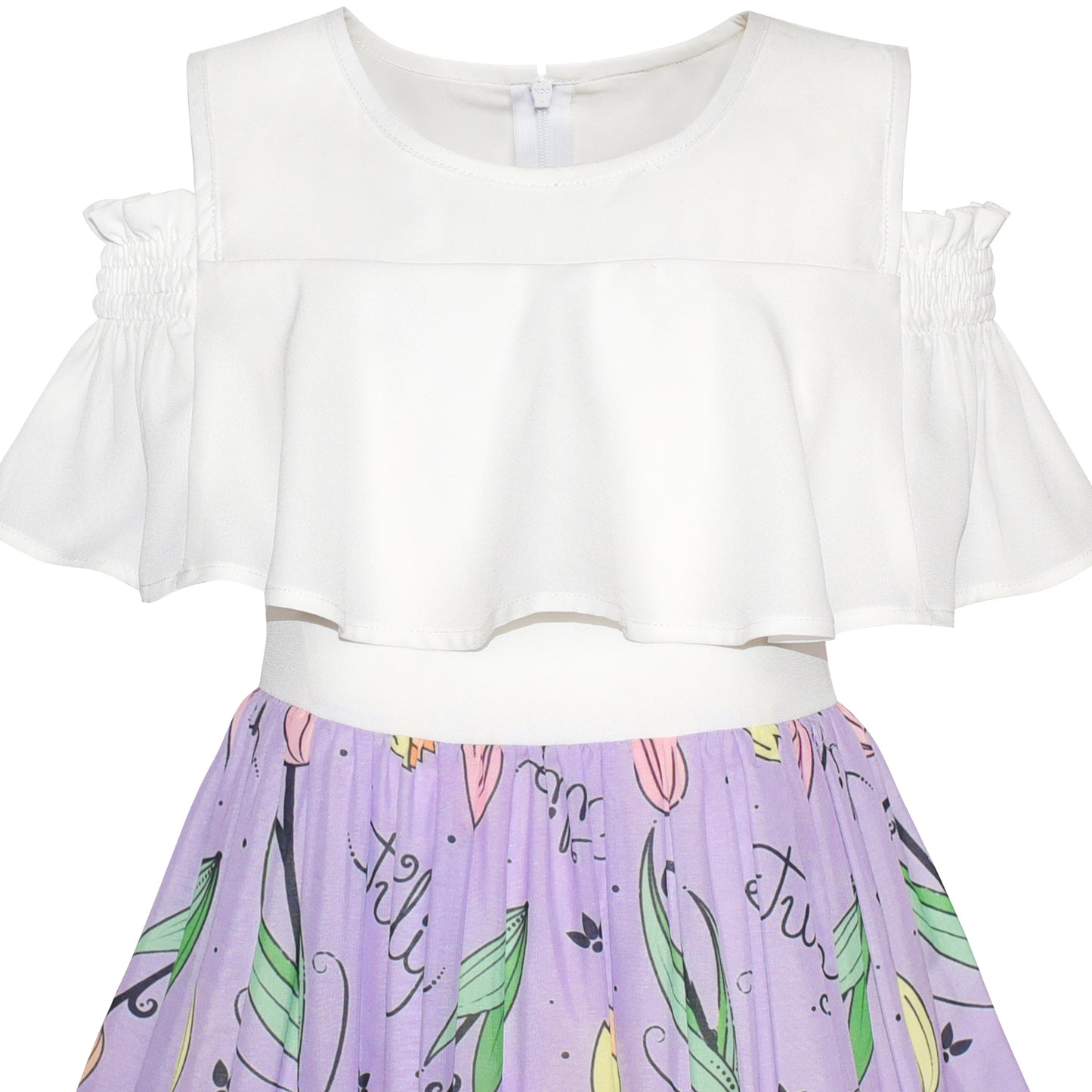 Girls Dress Chiffon Butterfly Ruffle Cold Shoulder Size 4-14 Years