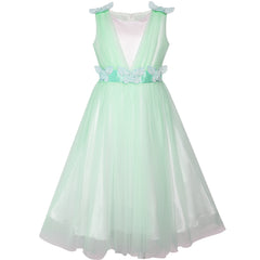 Flower Girls Dress Peach Ruffle Butterfly Wedding Bridesmaid Size 6-14 Years