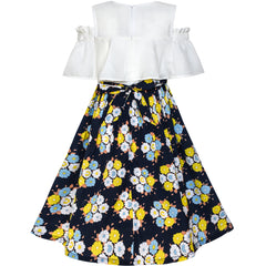 Girls Dress Chiffon Butterfly Ruffle Cold Shoulder Size 4-14 Years
