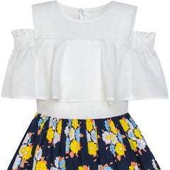 Girls Dress Chiffon Butterfly Ruffle Cold Shoulder Size 4-14 Years