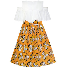 Girls Dress Chiffon Butterfly Ruffle Cold Shoulder Size 4-14 Years