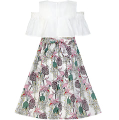 Girls Dress Chiffon Butterfly Ruffle Cold Shoulder Size 4-14 Years
