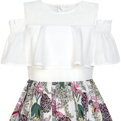 Girls Dress Chiffon Butterfly Ruffle Cold Shoulder Size 4-14 Years