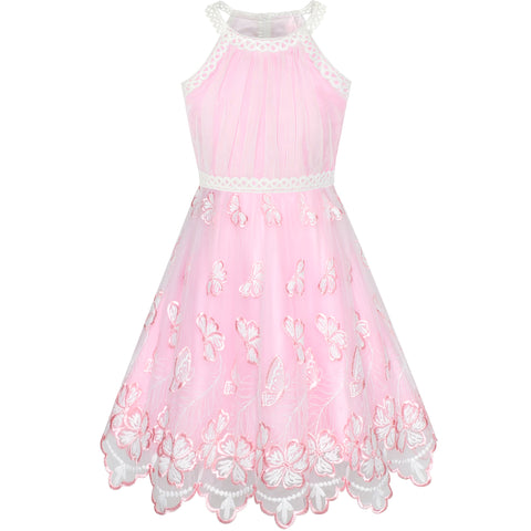 Girls Dress Butterfly Embroidered Halter Dress Party Size 5-12 Years