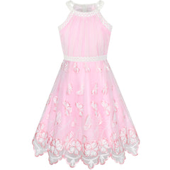Girls Dress Butterfly Embroidered Halter Dress Party Size 5-12 Years