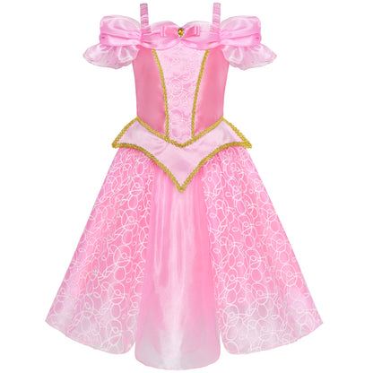 Sleeping Beauty Aurora Princess Dress Pink Off Shoulder Ball Gown Costume Dress for Girls Birthday Party Dress Up Outfits
