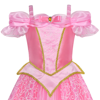 Sleeping Beauty Aurora Princess Dress Pink Off Shoulder Ball Gown Costume Dress for Girls Birthday Party Dress Up Outfits