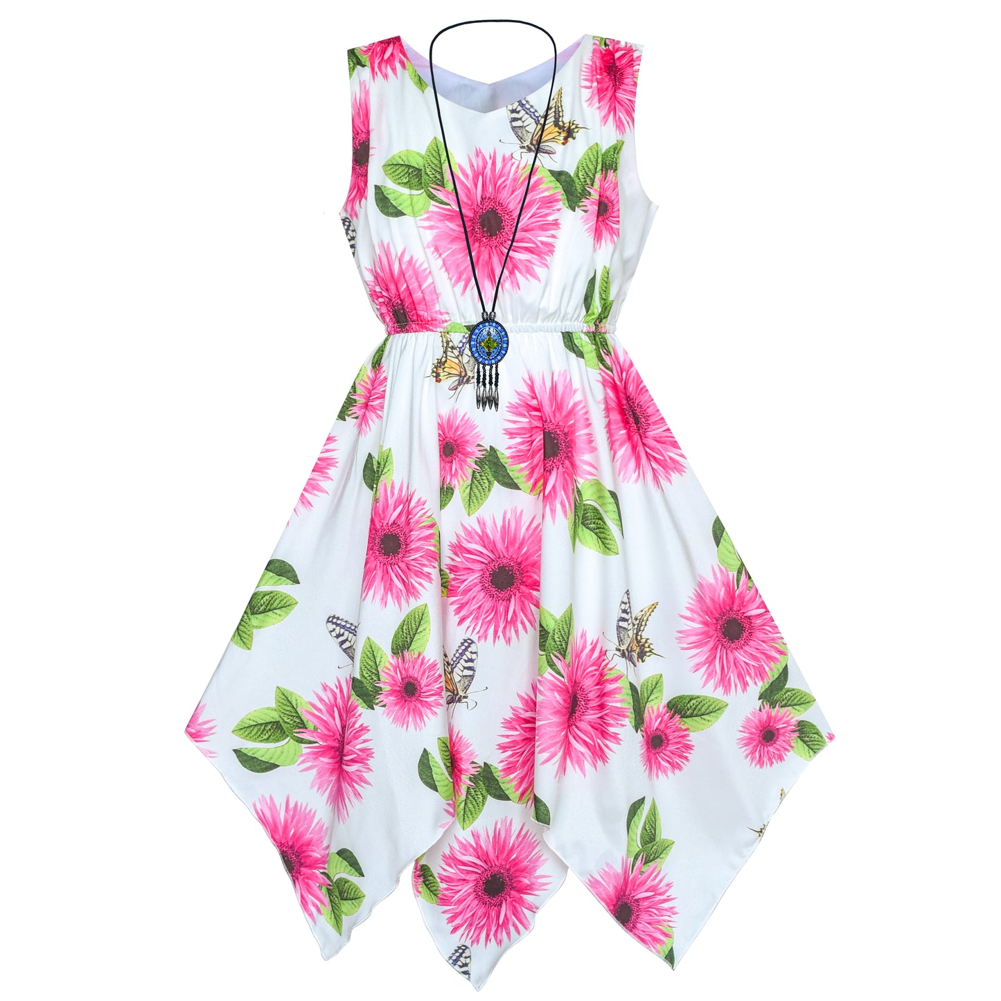 Girls Dress Flower Print Hanky Hem With Necklace Size 6-14 Years