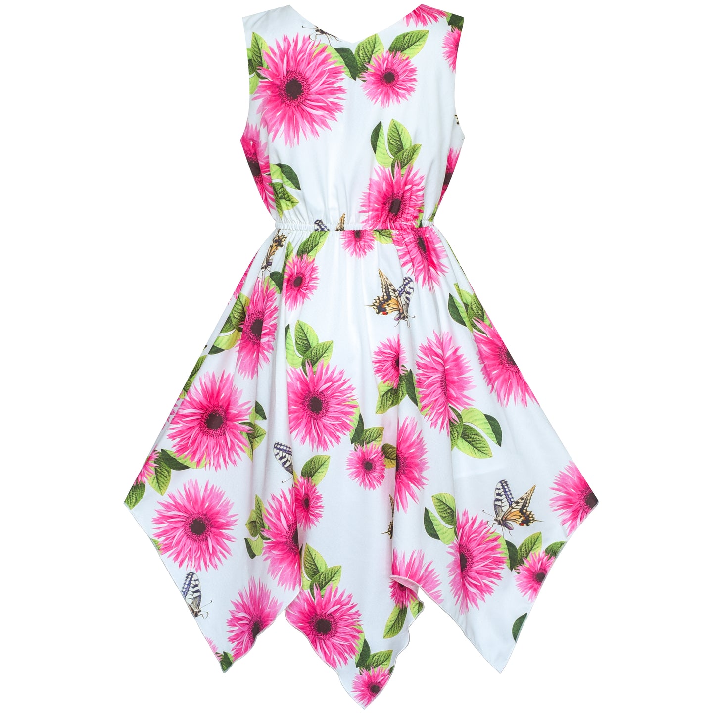 Girls Dress Flower Print Hanky Hem With Necklace Size 6-14 Years