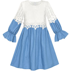 Girls Cold Shoulder Dress Denim Cowboy 3/4 Sleeve Size 2-12 Years