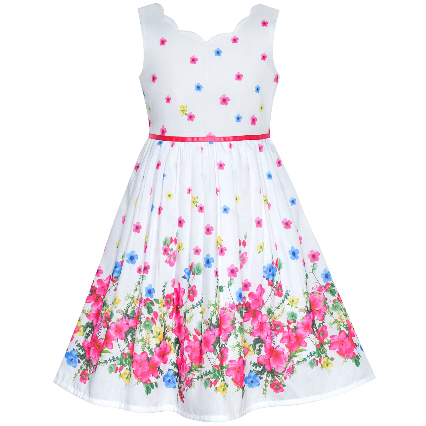 Sunny Fashion Girls White Floral Garden Dress with Pink Waist Detail