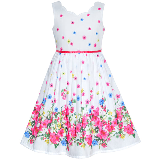 Sunny Fashion Girls White Floral Garden Dress with Pink Waist Detail