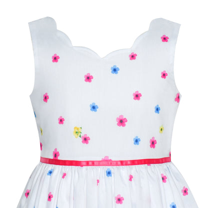 Sunny Fashion Girls White Floral Garden Dress with Pink Waist Detail