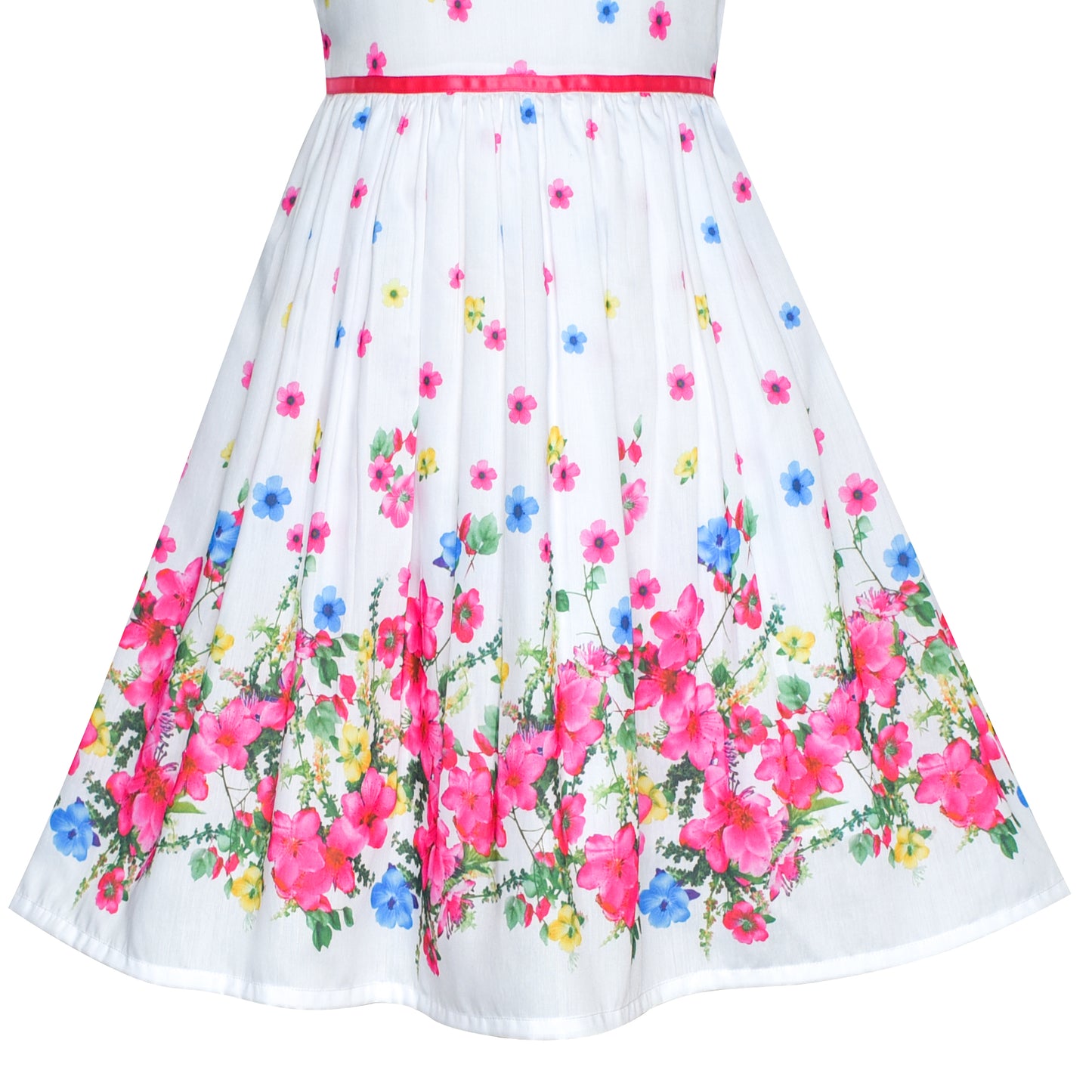 Sunny Fashion Girls White Floral Garden Dress with Pink Waist Detail